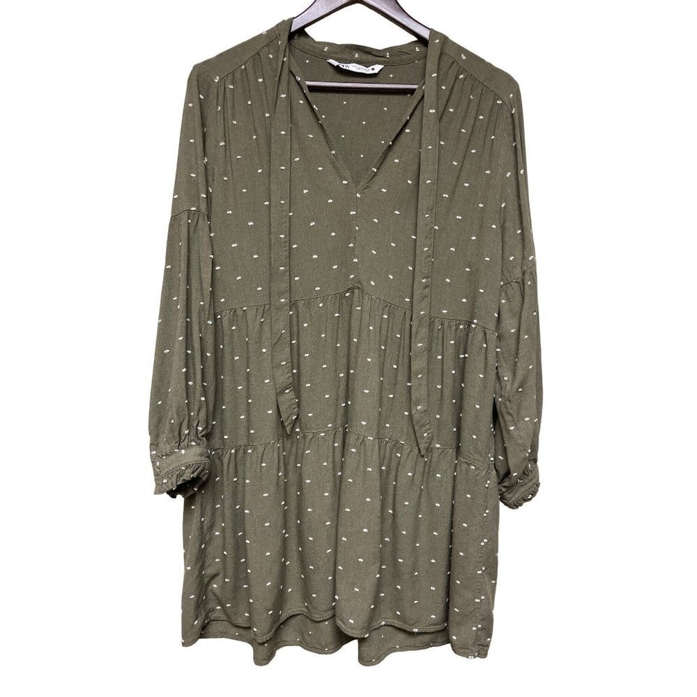 Zara Tunic Green V-Neck Tie Long Sleeve Women's Dress Size Medium